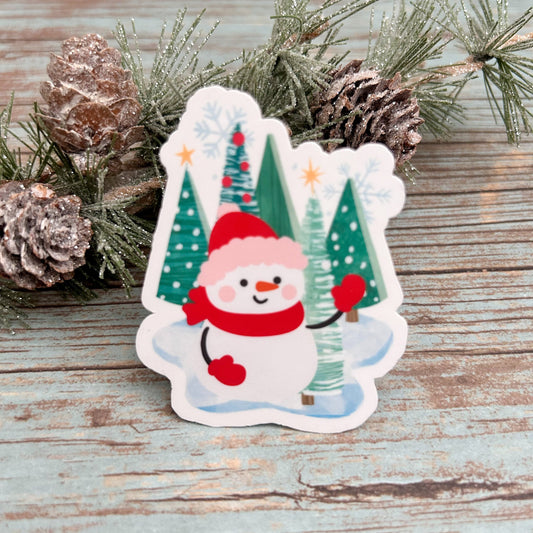 Snowman in Forest Vinyl Sticker, Glossy Finish, Laptop Water Bottle Decal Gift for Friends, Stocking Stuffer, Cute Holiday Snowman Sticker