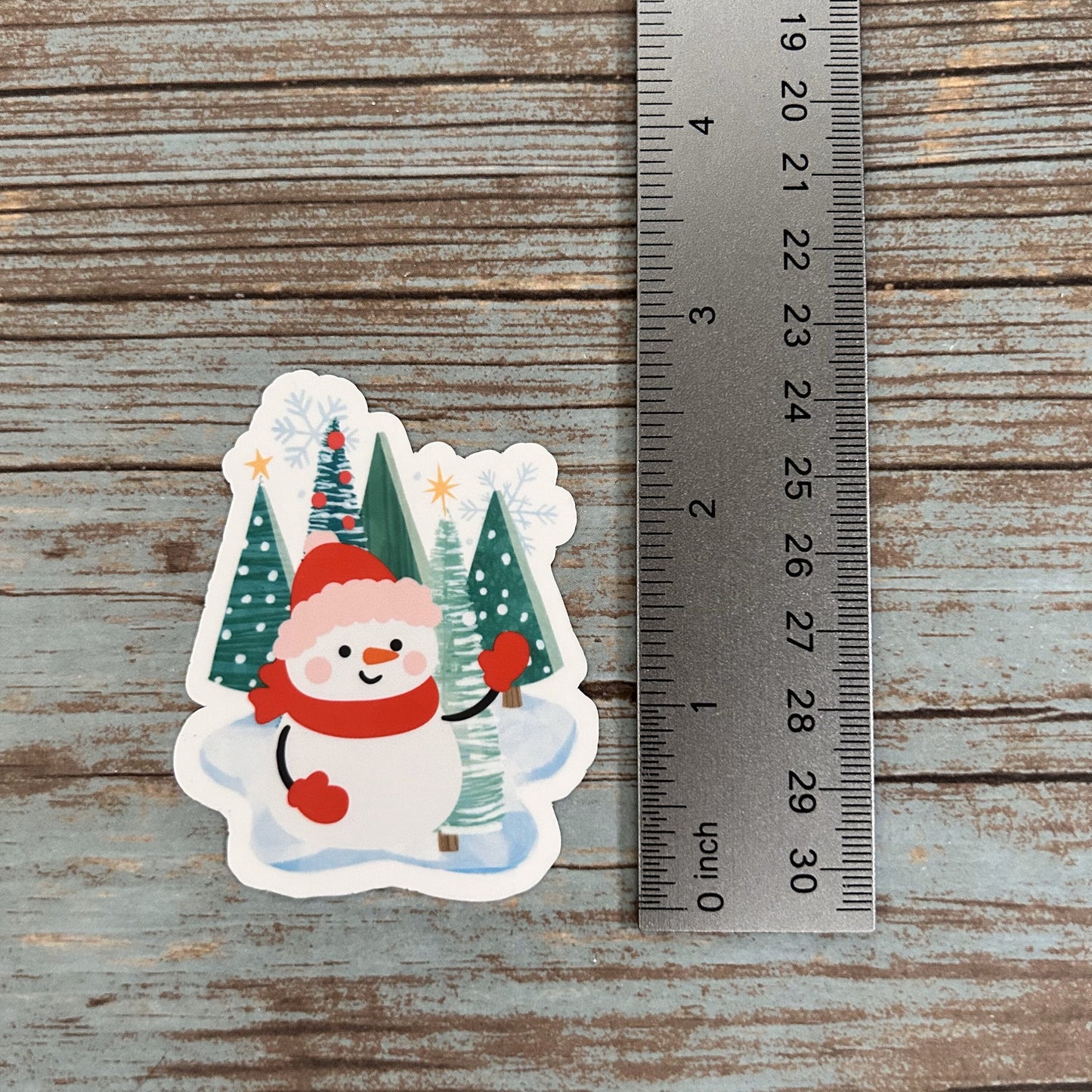 Snowman in Forest Vinyl Sticker, Glossy Finish, Laptop Water Bottle Decal Gift for Friends, Stocking Stuffer, Cute Holiday Snowman Sticker