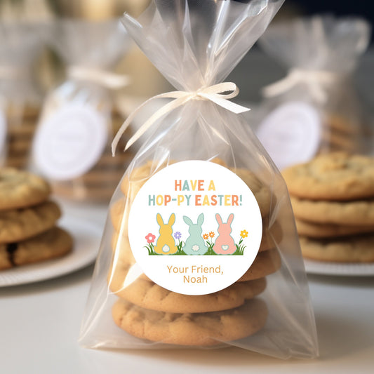 Personalized Easter Stickers, Easter Bunnies, Custom Have a Hoppy Easter Label, Gift Basket Treat Bag Sticker, Easter Party Favor