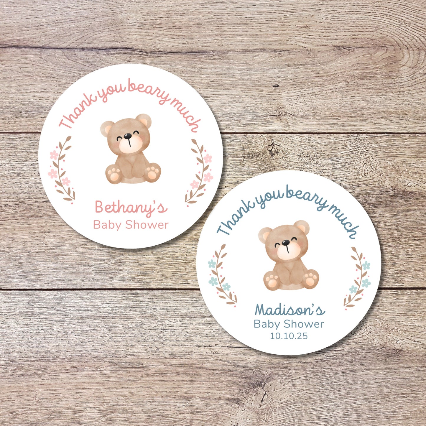 Personalized Baby Shower Stickers, Custom Thank You Beary Much Party Favor Labels, Teddy Bear Baby Girl Baby Boy Shower Stickers