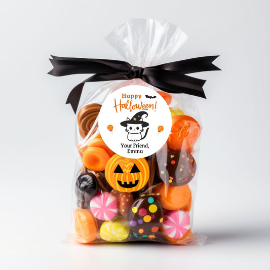 Personalized Halloween Cat Witch Stickers, Custom Halloween Goody Bag Label, Printed Kids Happy Halloween School Event Label, Gift Stickers