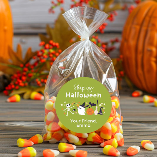 Personalized Halloween Ghost & Friends Stickers, Custom Halloween Goody Bag Label, Printed Kids Happy Halloween School Event Gift Label