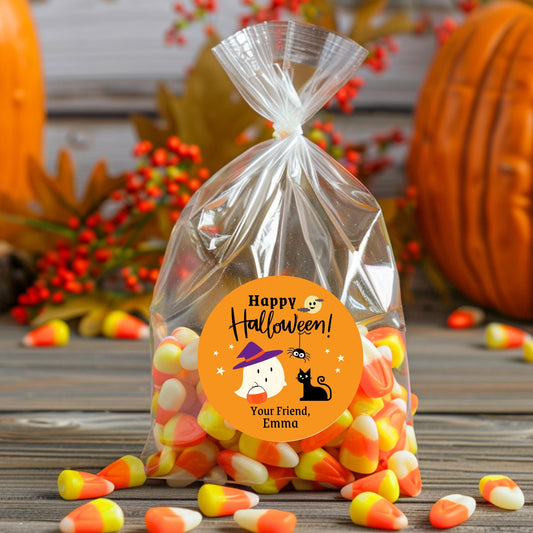 Personalized Halloween Ghost & Cat Stickers, Custom Halloween Goody Bag Label, Printed Kids Happy Halloween School Event Gift Label