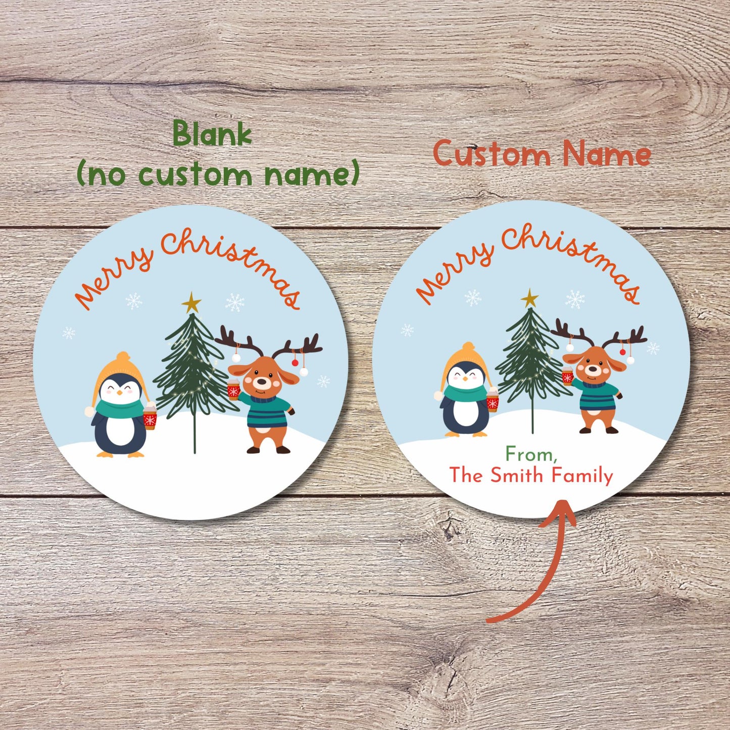 Personalized Merry Christmas Stickers, Custom Happy Holidays Penguin Bear Reindeer & Friends Label, Party Favor Gift Tag Stickers