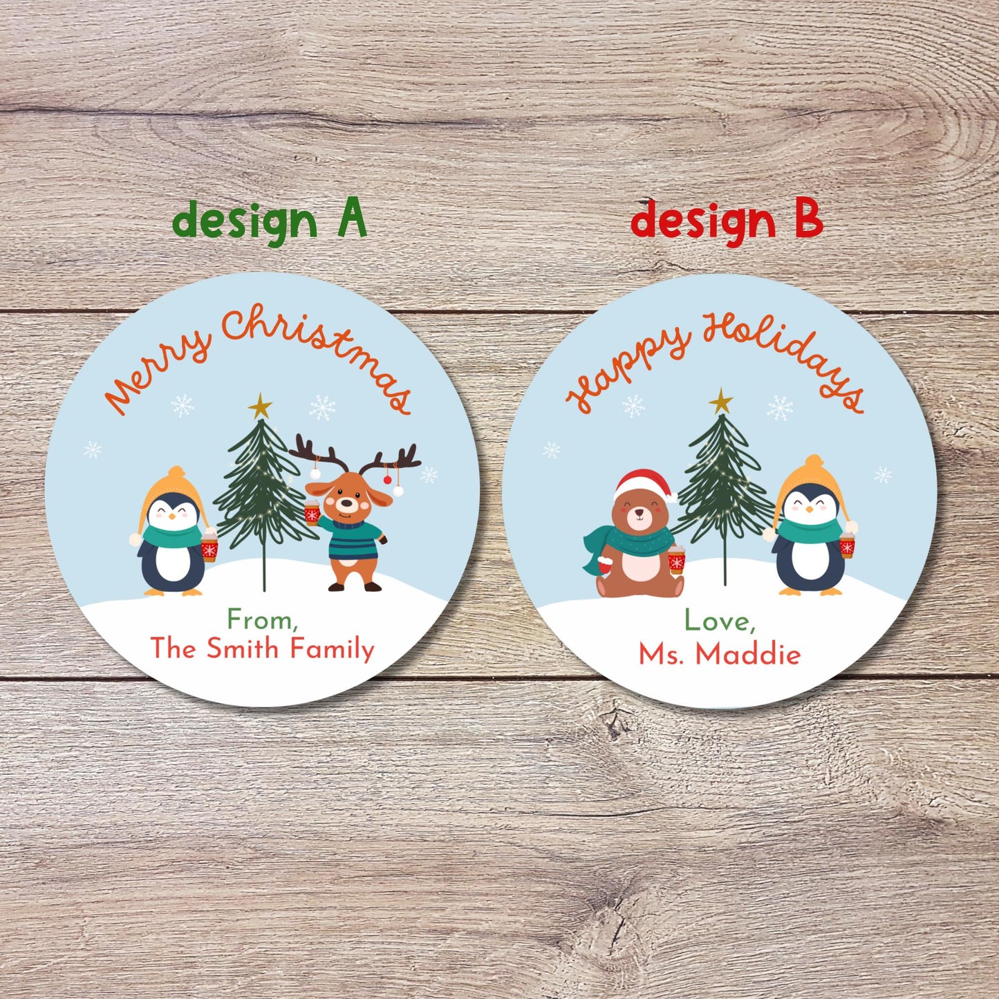 Personalized Merry Christmas Stickers, Custom Happy Holidays Penguin Bear Reindeer & Friends Label, Party Favor Gift Tag Stickers
