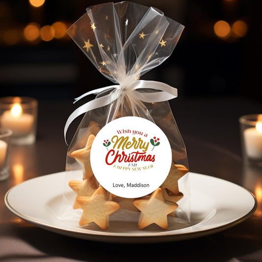 Personalized Merry Christmas Stickers, Custom Happy Holidays Design Labels, Holiday Baking Party Favor Treat Bags Gift Wrapping Tags