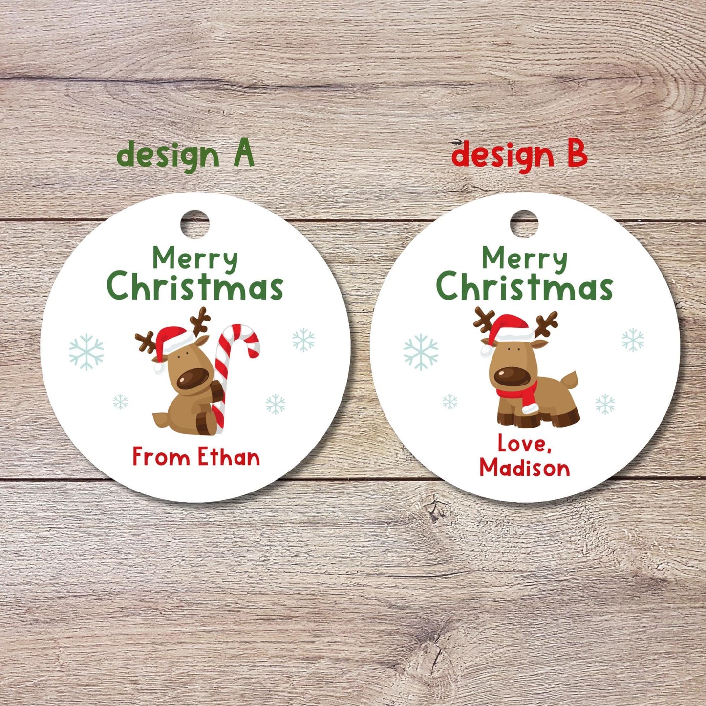 Personalized Christmas Reindeer Gift Tags, Custom Holiday Gift Tags, Matte Finish, Goody Bag Party Favor Tags, Gift Wrap Tags