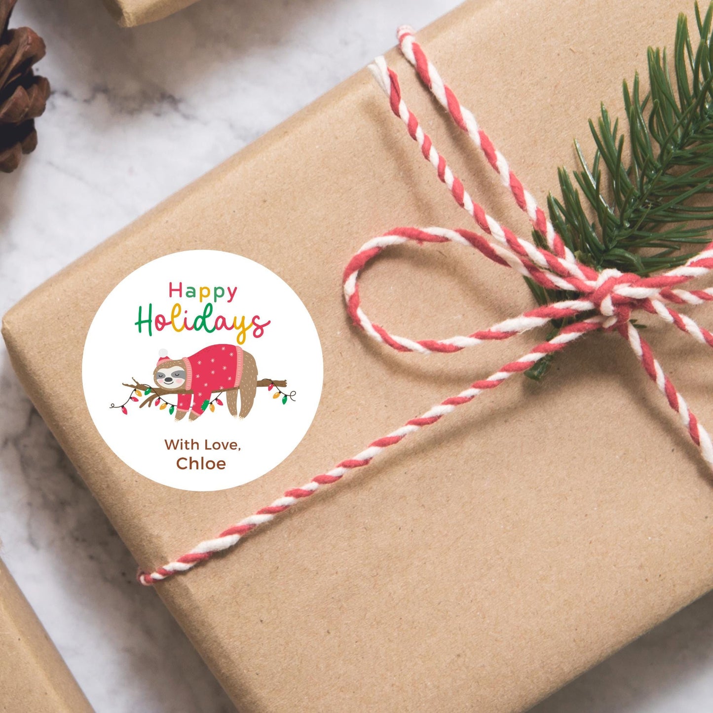 Personalized Christmas Sloth Stickers, Custom Happy Holidays Labels, Funny Animal Sloth Merry Christmas Wrapping Gift Tags, Party Favor