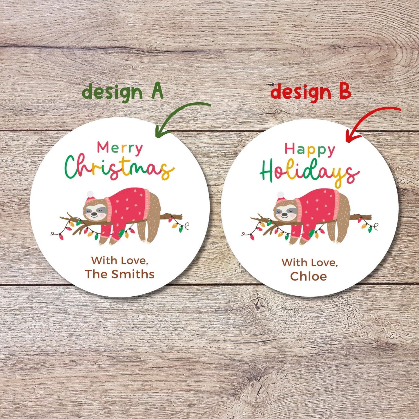Personalized Christmas Sloth Stickers, Custom Happy Holidays Labels, Funny Animal Sloth Merry Christmas Wrapping Gift Tags, Party Favor