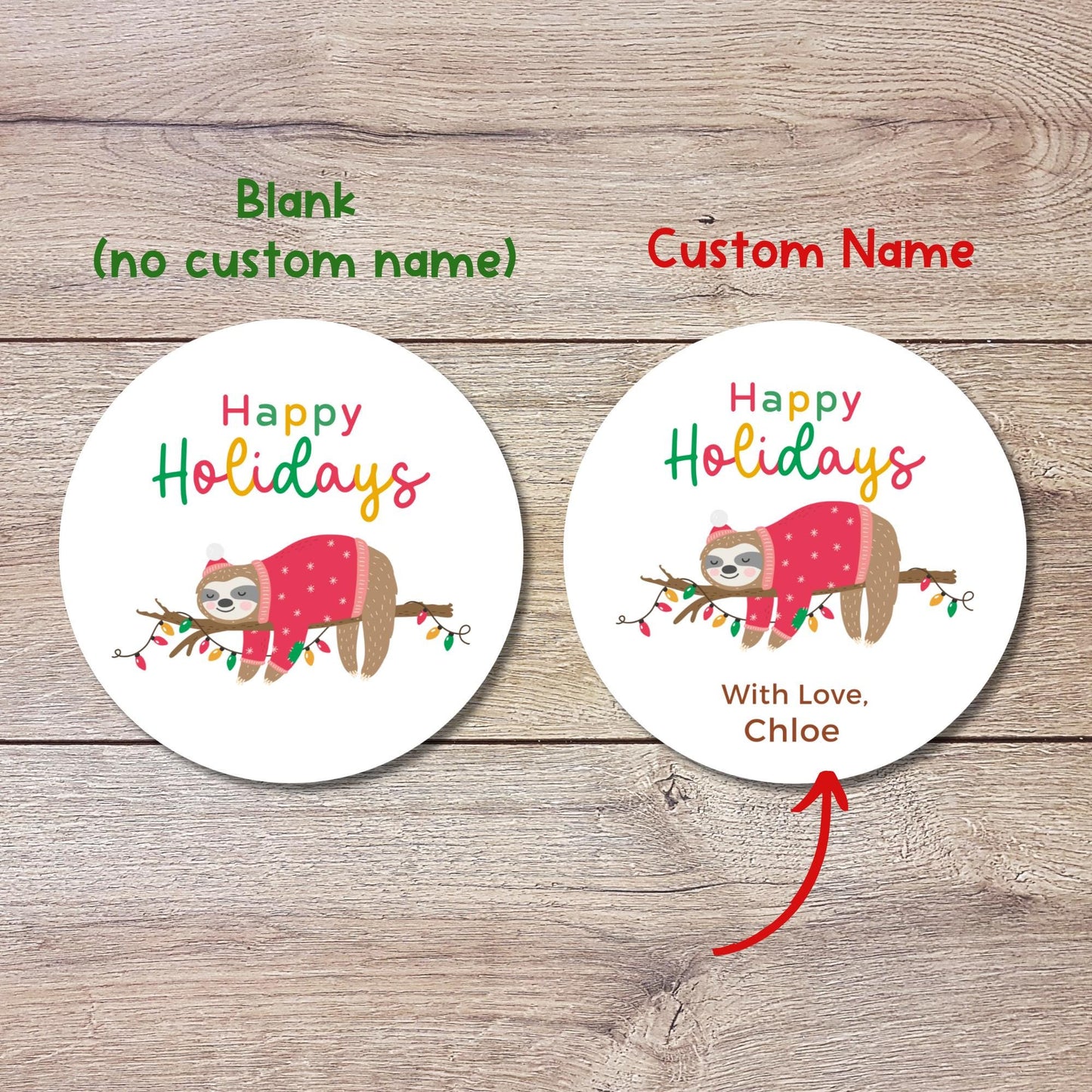 Personalized Christmas Sloth Stickers, Custom Happy Holidays Labels, Funny Animal Sloth Merry Christmas Wrapping Gift Tags, Party Favor