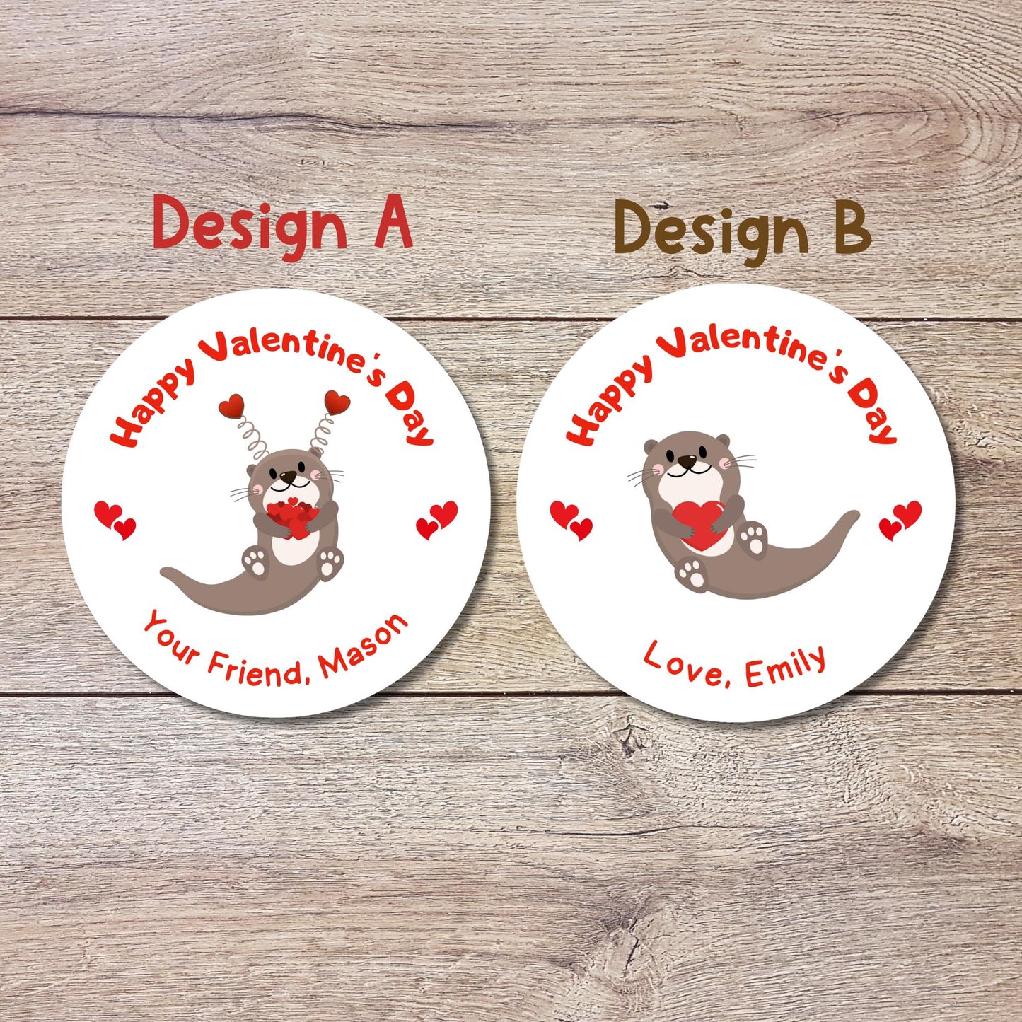 Personalized Valentine's Day Otter Stickers, Sea Otter Happy Valentine Label, Custom School Classroom Party Favor Treat Bag Stickers