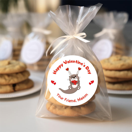 Personalized Valentine's Day Otter Stickers, Sea Otter Happy Valentine Label, Custom School Classroom Party Favor Treat Bag Stickers