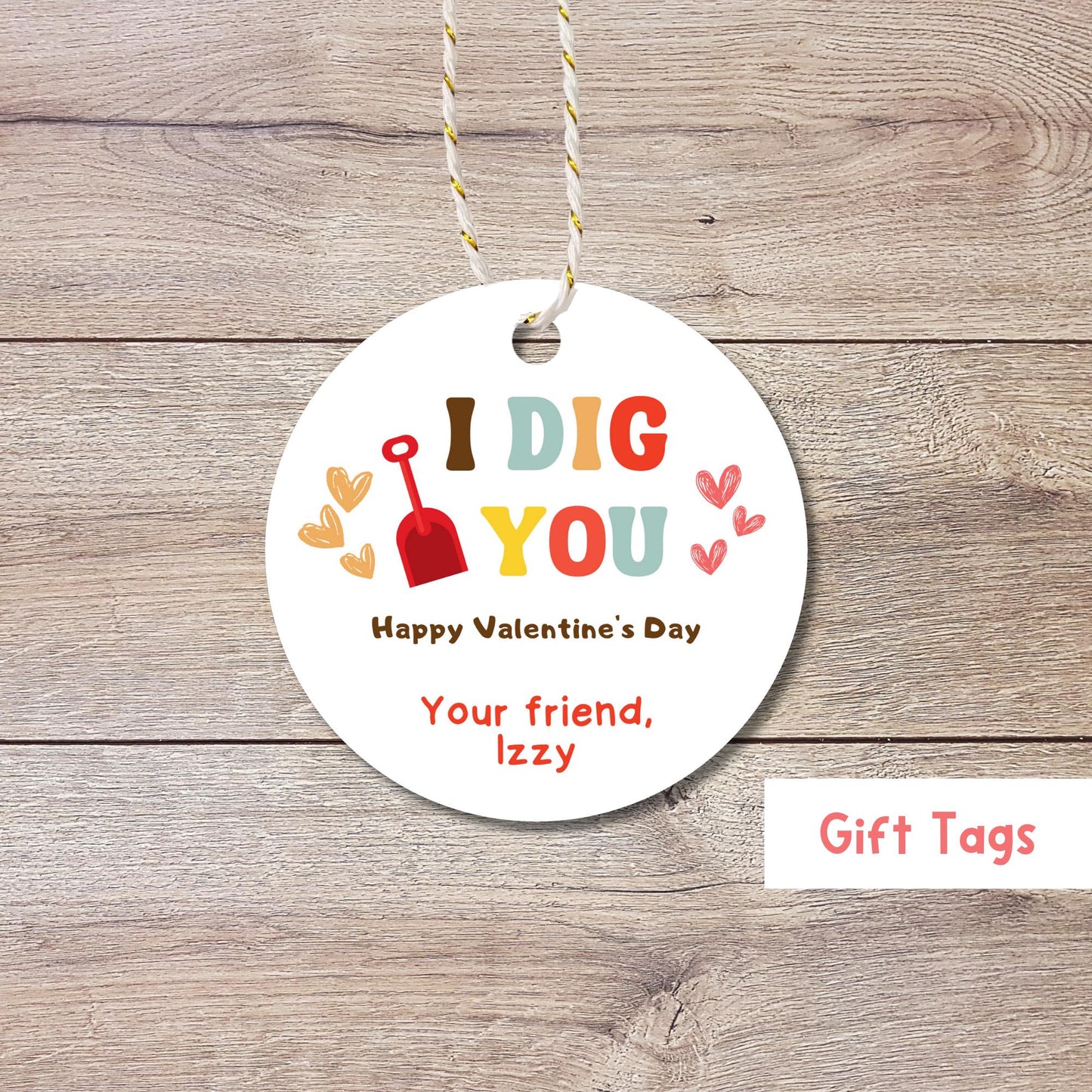 Personalized I Dig You Valentine's Day Gift Tags, Matte Finish, Valentine Classroom Party Favor Treat Bag Tag, Party Custom Gift Tags