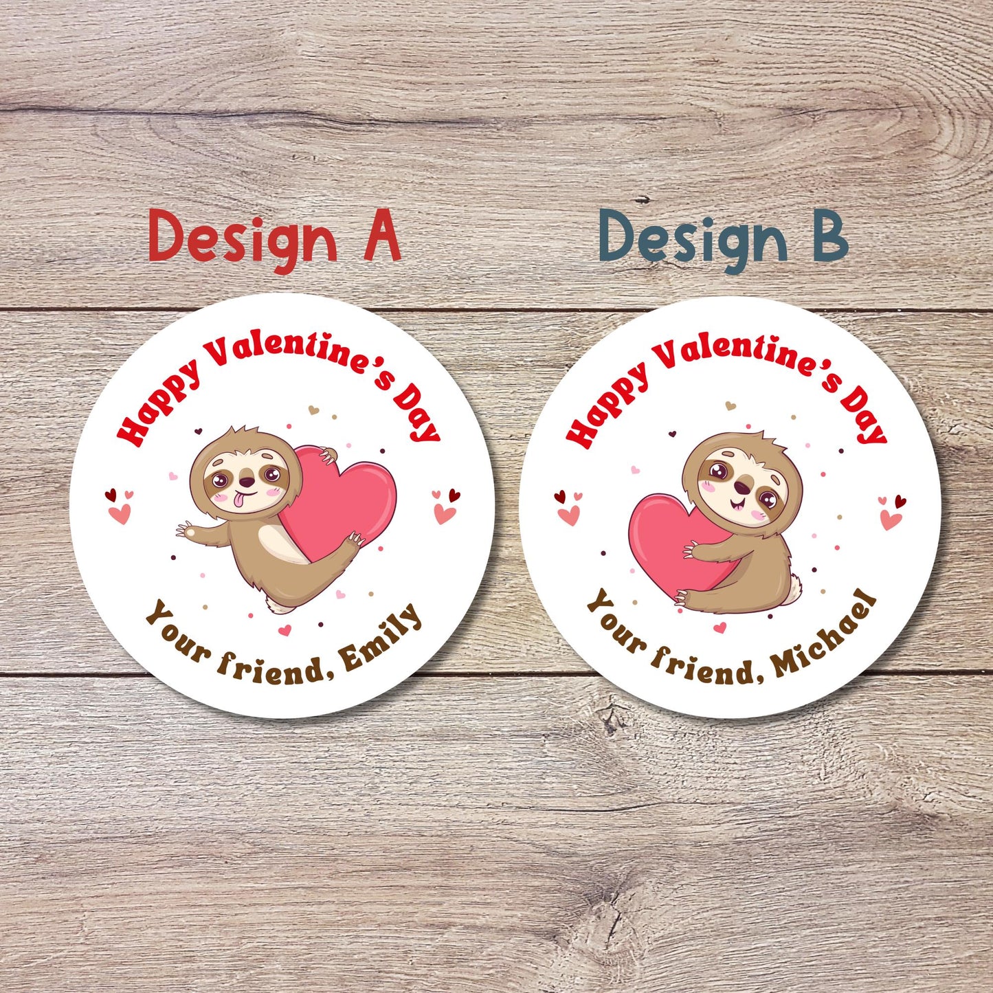 Personalized Valentine's Day Sloth Stickers, Sloth Happy Valentine Label, Custom School Classroom Party Favor Treat Bag Stickers