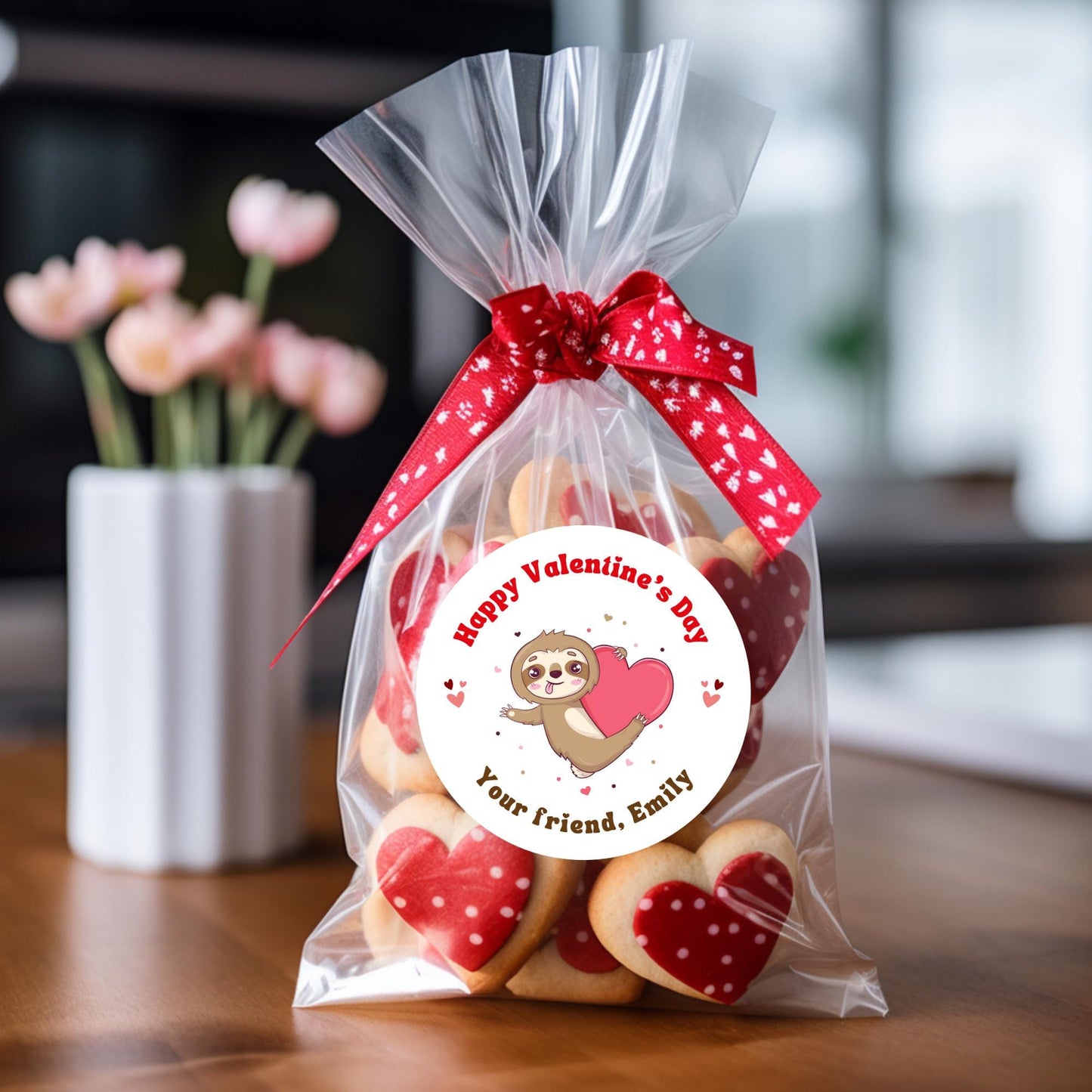 Personalized Valentine's Day Sloth Stickers, Sloth Happy Valentine Label, Custom School Classroom Party Favor Treat Bag Stickers