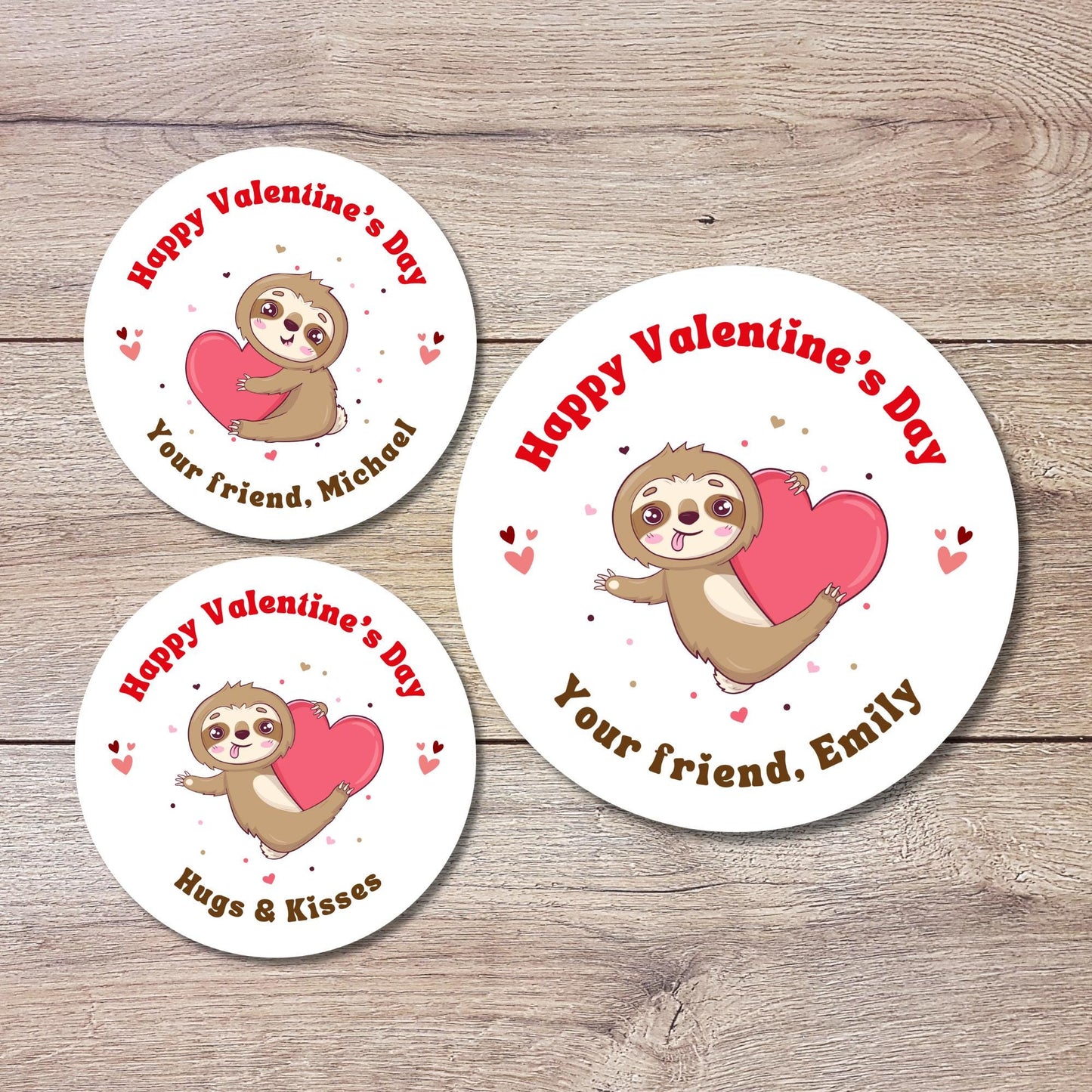 Personalized Valentine's Day Sloth Stickers, Sloth Happy Valentine Label, Custom School Classroom Party Favor Treat Bag Stickers