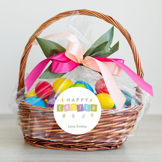 Personalized Happy Easter Stickers, Custom Easter Egg Labels, Easter Gift Basket Party Favor Treat Bag Stickers, Customize Name Event Labels