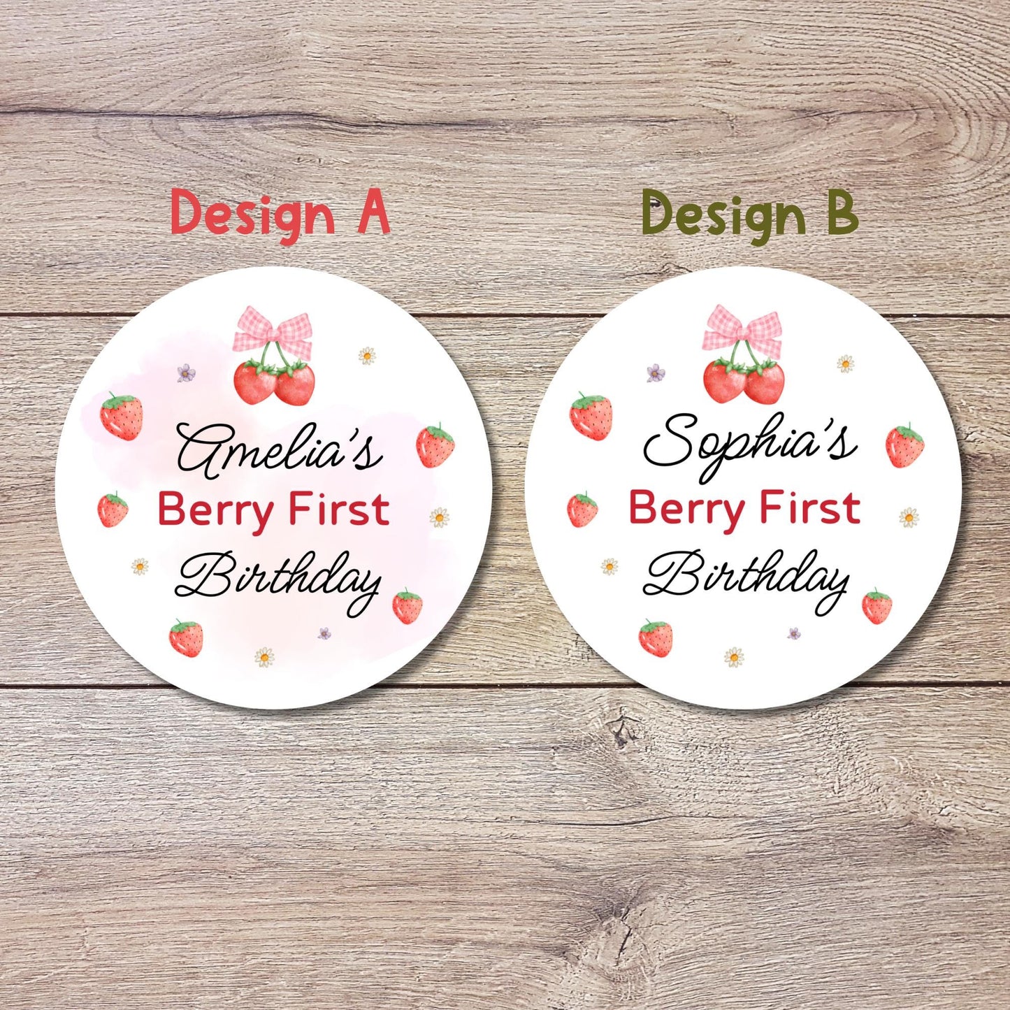 Personalized Berry First Birthday Stickers, Custom 1st Birthday Party Favor Goody Bag Labels, Girls Thank You Birthday Pink Sticker