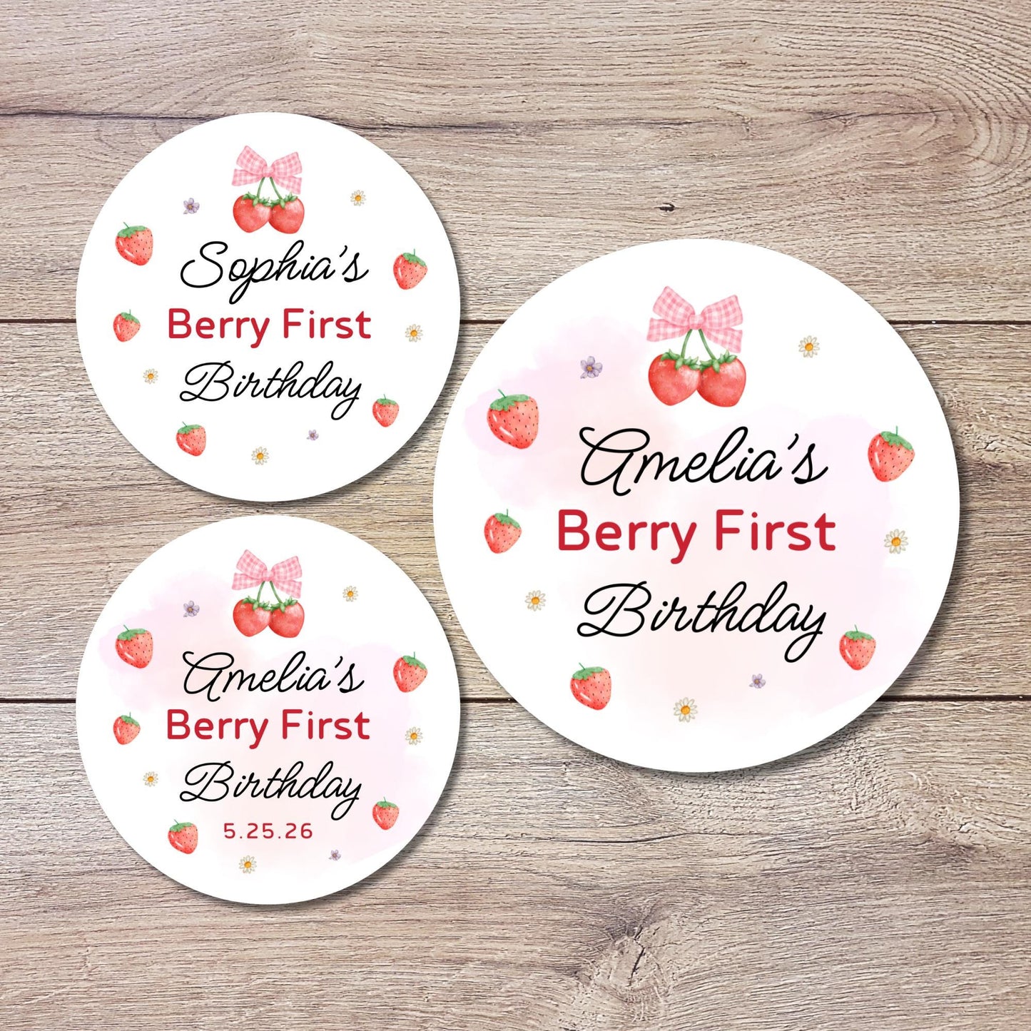 Personalized Berry First Birthday Stickers, Custom 1st Birthday Party Favor Goody Bag Labels, Girls Thank You Birthday Pink Sticker