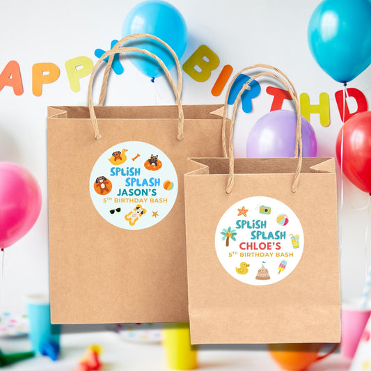 Personalized Splish Splash Birthday Stickers, Custom Beach Pool Birthday Party Favor Goody Bag Labels, Boys Girls Thank You for Coming