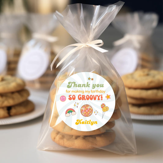 Personalized So Groovy Birthday Stickers, Two Groovy Goody Bag Party Favor Stickers, Custom Thank You Happy Birthday Label, Retro Birthday