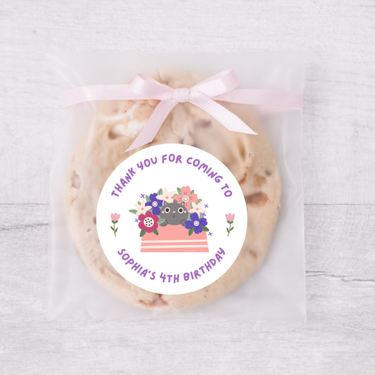 Personalized Happy Birthday Stickers, Goody Bag Stickers, Custom Kids Birthday Label, Floral Cat Thank You for Coming Stickers Various Sizes