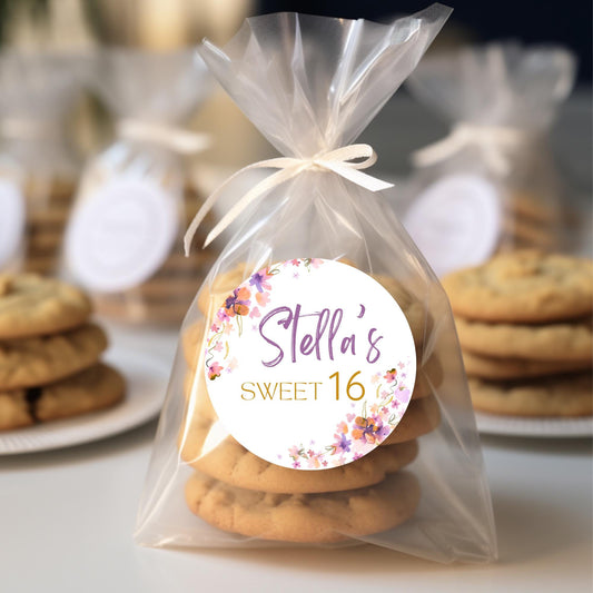 Personalized Sweet 16 Birthday Stickers, Sweet Sixteen Party Favor Stickers, Custom Thank You Happy Birthday Label, Floral Birthday