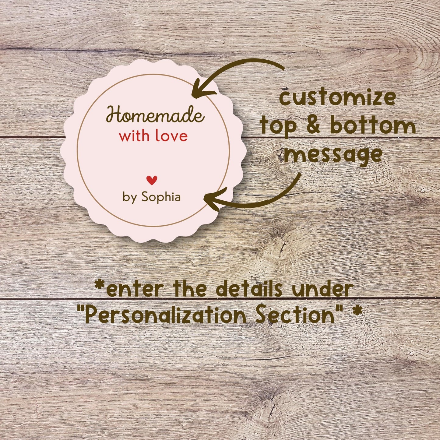 Personalized Scalloped Edge Baked with Love Stickers, Customized Baked Goods Label, Homemade with Love Small Business Bakery Packaging Label