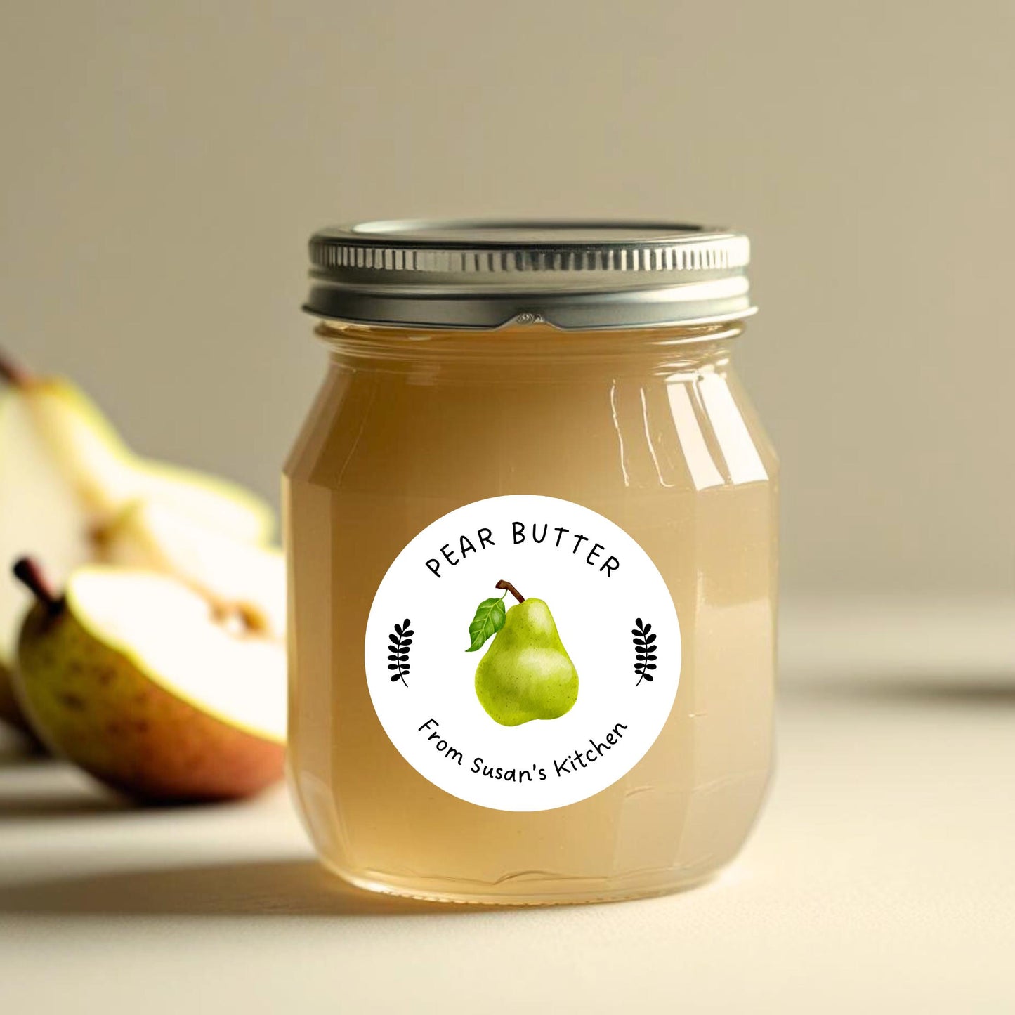 Pear Butter Jelly Canning Stickers, Custom Homemade Puree Stickers, Personalized Mason Jar Lid Labels, Gifting Fruit Preserves Labels