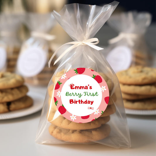 Berry First Birthday Stickers, Custom 1st Birthday Party Favor Goody Bag Labels, Personalized Girls Thank You Birthday Pink Sticker