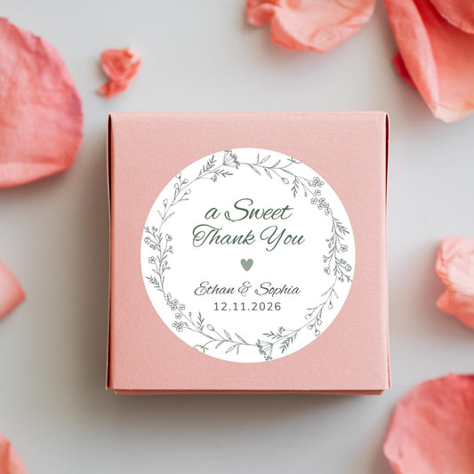 A Sweet Thank You Floral Wreath Sticker, Personalized Wedding Custom Bridal Shower, Baby Shower, Birthday Anniversary Party Favor Labels