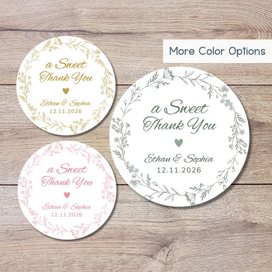 A Sweet Thank You Floral Wreath Sticker, Personalized Wedding Custom Bridal Shower, Baby Shower, Birthday Anniversary Party Favor Labels