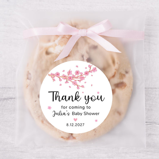 Personalized Cherry Blossom Baby Shower Stickers, Custom Thank You for Showering Labels, Mom to Be Sprinkling Baby Party Favor Sticker