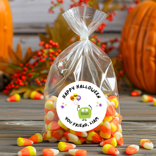 Green Monster Personalized Halloween Stickers, Custom Halloween Goody Bag Label, Printed Kids Happy Halloween School Event Gift Label