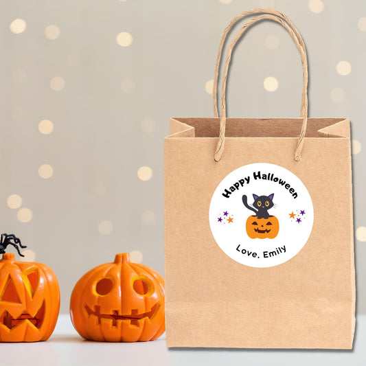 Cat and Pumpkin Personalized Halloween Stickers, Custom Halloween Goody Bag Label, Printed Kids Happy Halloween School Event Gift Label