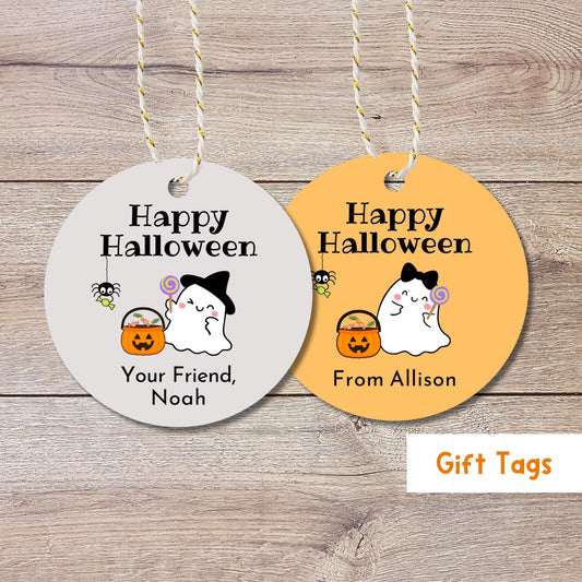 Witch Hat Hair Bow Happy Ghost Halloween Gift Tags, Cute Custom Halloween Gift Treat Bag Tags, Printed Tags for School Kids Grandkids