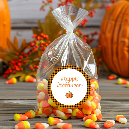 Personalized Plaid Halloween Stickers, Custom Halloween Goody Bag Label, Printed Kids Happy Halloween School Event Gift Label, Retro Style