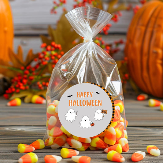 Triple Happy Ghost Personalized Halloween Stickers, Custom Halloween Goody Bag Label, Printed Kids Happy Halloween School Event Gift Label