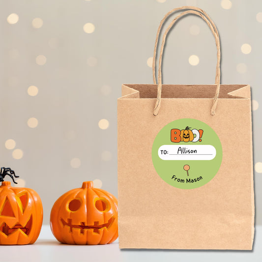 To and From Halloween Boo Stickers, Custom Halloween Goody Bag Label, Printed Kids Happy Halloween School Event Gift Label, Retro Style