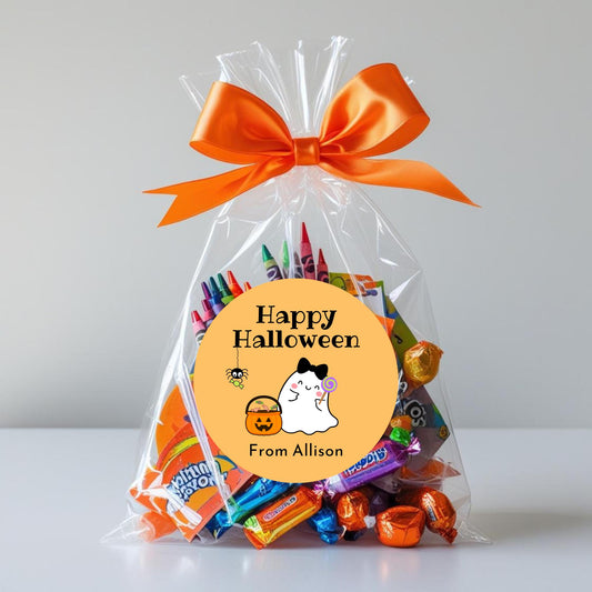 Happy Ghost Personalized Halloween Stickers, Custom Halloween Goody Bag Label, Printed Kids Happy Halloween School Event Gift Label