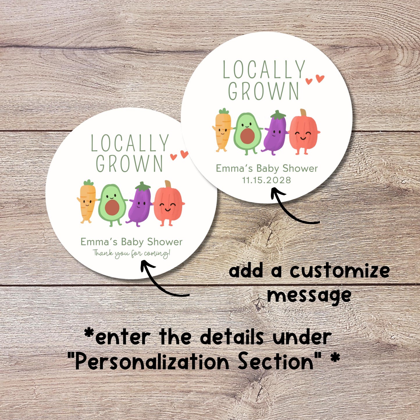 Locally Grown Baby Shower Stickers, Custom Thank You for Coming Labels, Mom to Be Baby Sprinkle Treat Bag Home Grown with Love, Printed