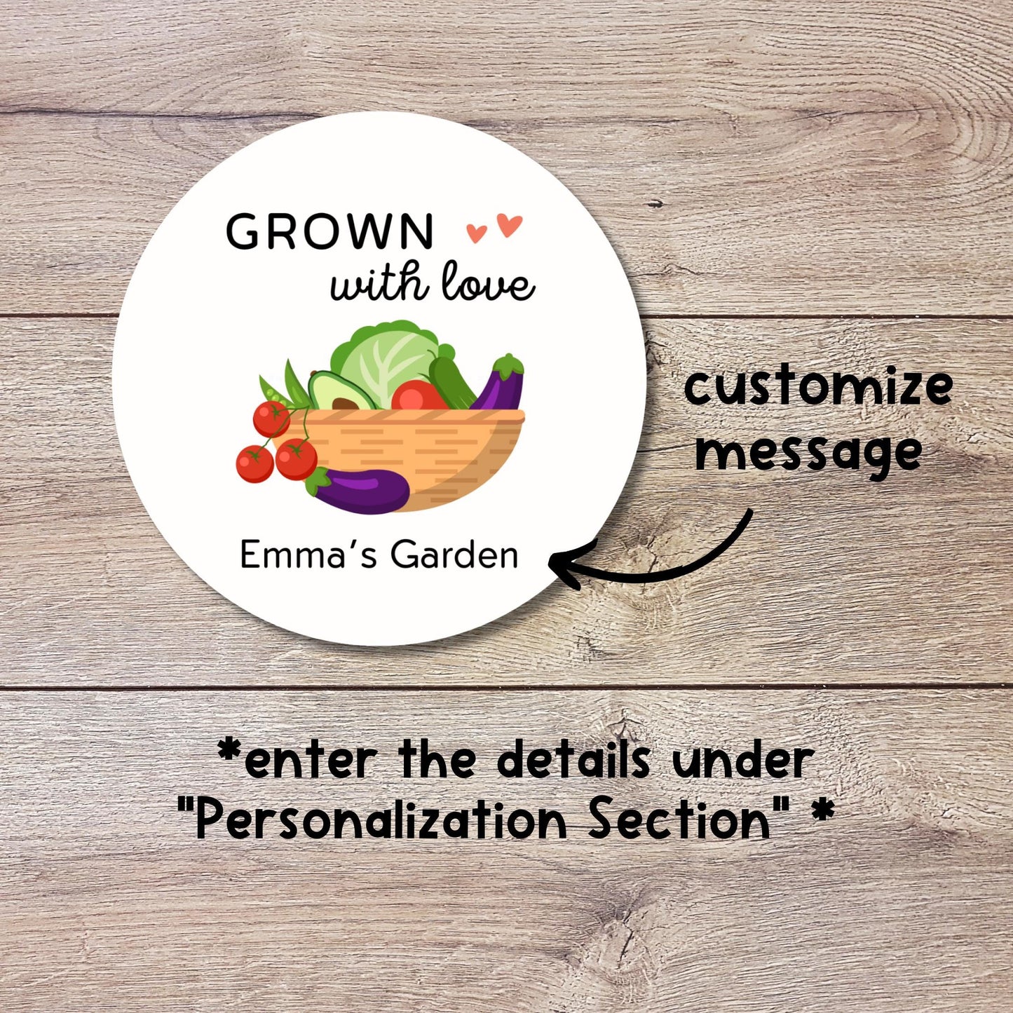 Grown with Love Homegrown Vegetable Personalized Stickers, Customized Labels for Gardening, Fresh Produce, Farmers Market, Canning Labels