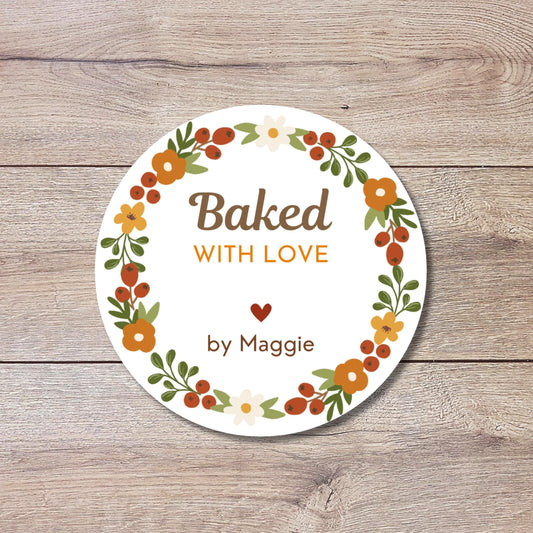 Baked with Love Stickers, Personalized Fall Baking Labels, Custom Autumn Holiday Thanksgiving Homemade Bakery, Pie Stickers