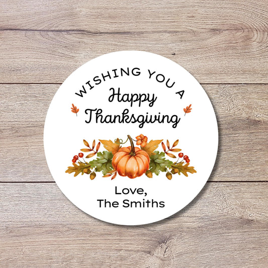 Wishing You A Happy Thanksgiving Personalized Stickers, Custom Fall Autumn Thank You Label for Event Party Favor