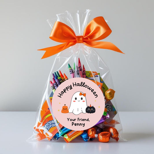 Ghost & Friends Personalized Happy Halloween Stickers, Custom Printed Kids Goody Bag School Event Label