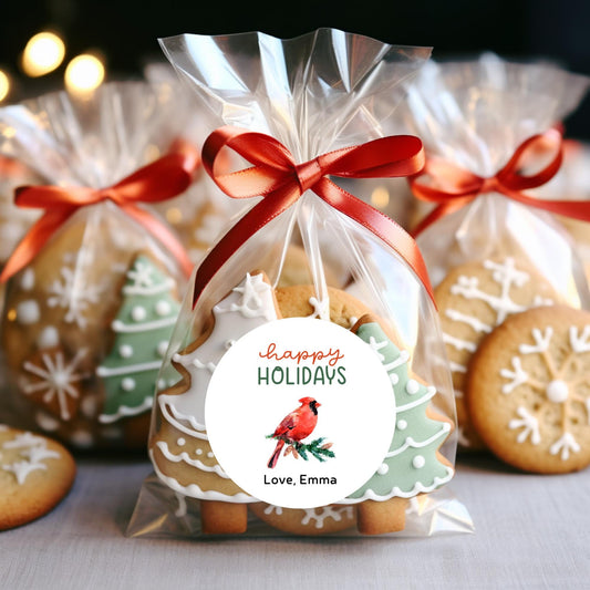 Happy Holidays Personalized Gift Wrapping Stickers, Cardinal Christmas Custom Name Party Favor Gift Packaging Labels