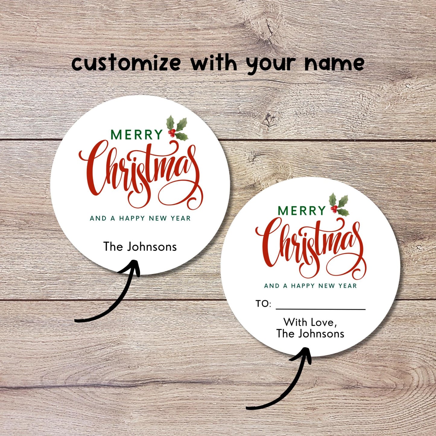 Classic Merry Christmas Personalized Stickers, Custom Holiday Name Labels for Gift Wrapping Party Favors, Invitation Envelope Seals