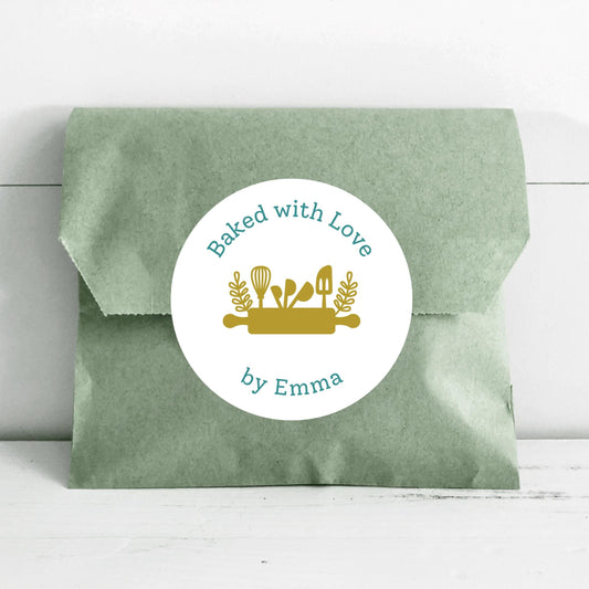 Baked with Love Personalized Stickers, Modern Custom Baking Labels with Name, Homemade with Love Small Business Bakery Packaging Supplies