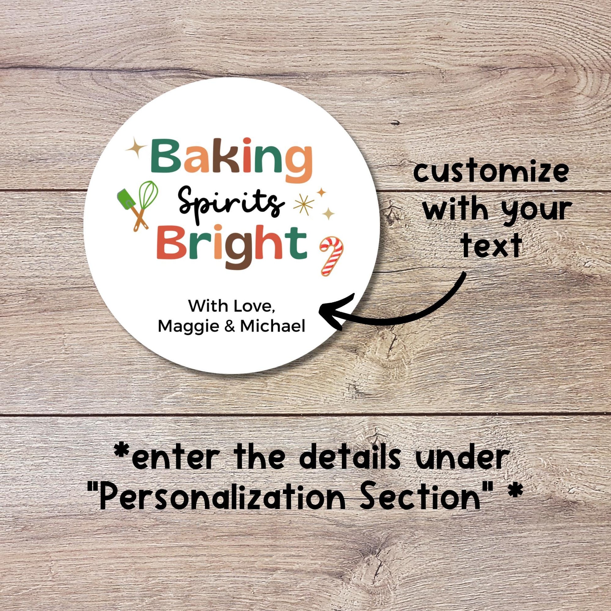 Baking Spirits Bright Stickers, Personalized Christmas Baked with Love Labels, Custom Holiday Homemade Bakery