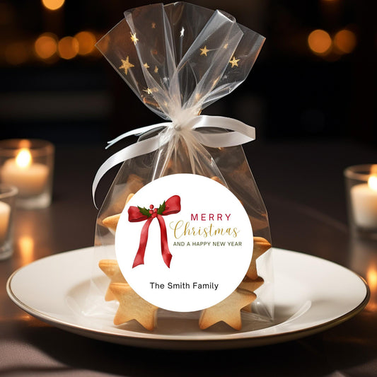 Christmas Bow Personalized Stickers, Custom Happy Holidays Name Labels for Gift Wrapping Party Favors